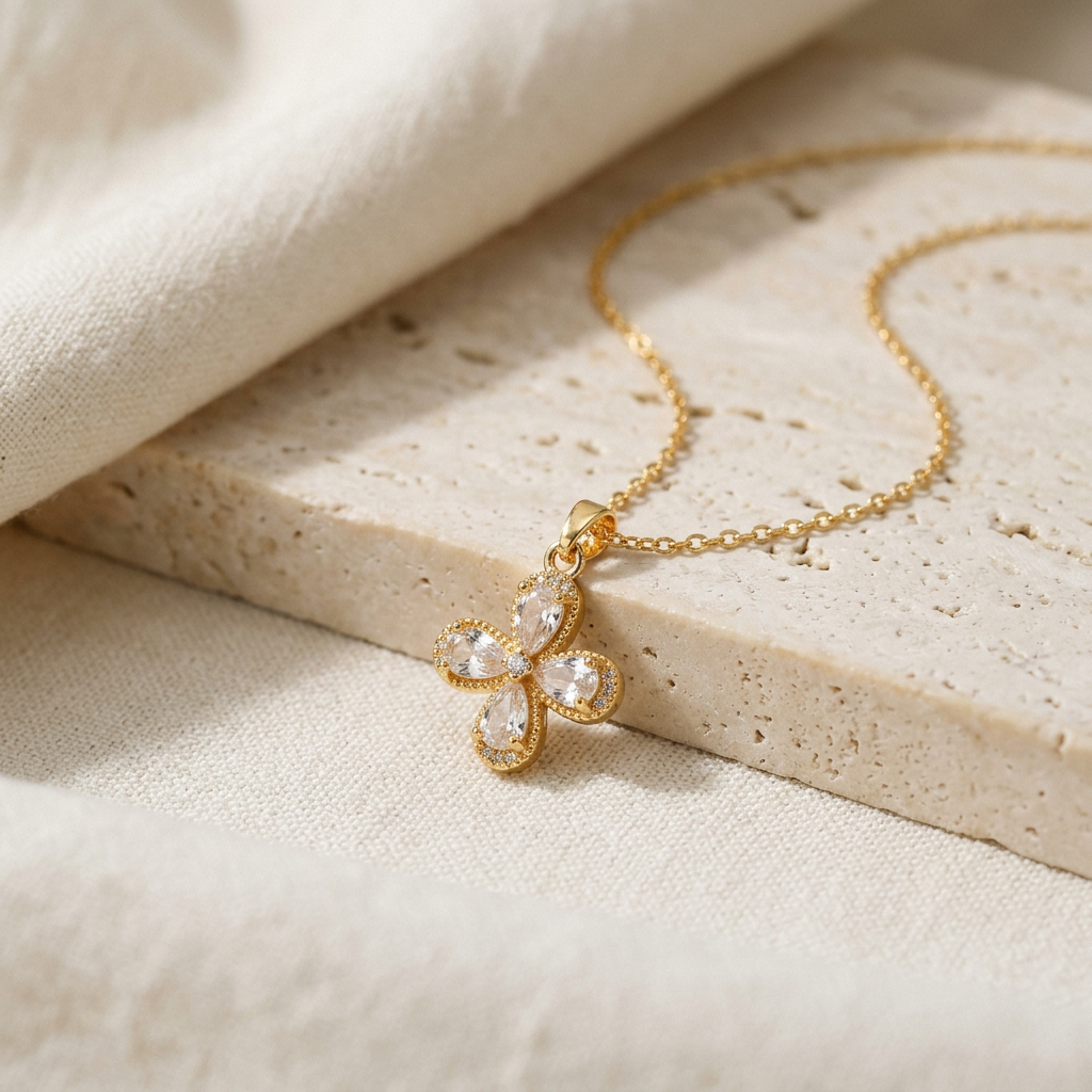 Coordinado de Oro Laminado de Flor Radiante con Zirconia Blanca mod.1572
