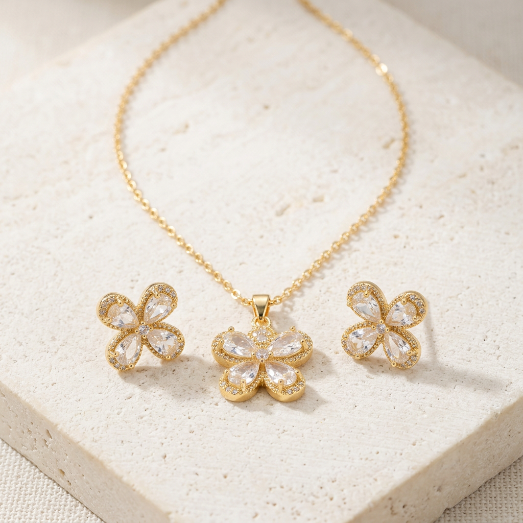 Coordinado de Oro Laminado de Flor Radiante con Zirconia Blanca mod.1572