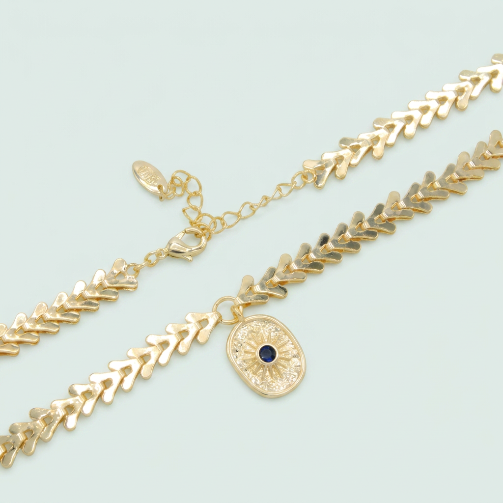 Cadena de Joyería de Goldfilled con Tejido de Espiga y Diseño Circular del Sol con Zirconia mod. 1110