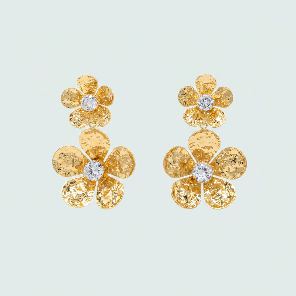 Arete de Oro Laminado Doble Flor Colgante Grande y Zirconia mod. 1412