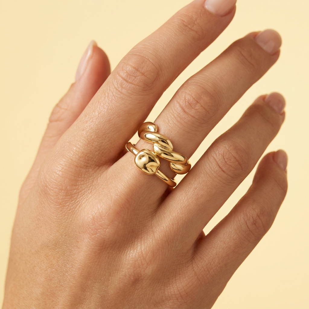 Anillo de Goldfilled Doble Linea con Diseño de Cordón y Botón Liso mod. 1314