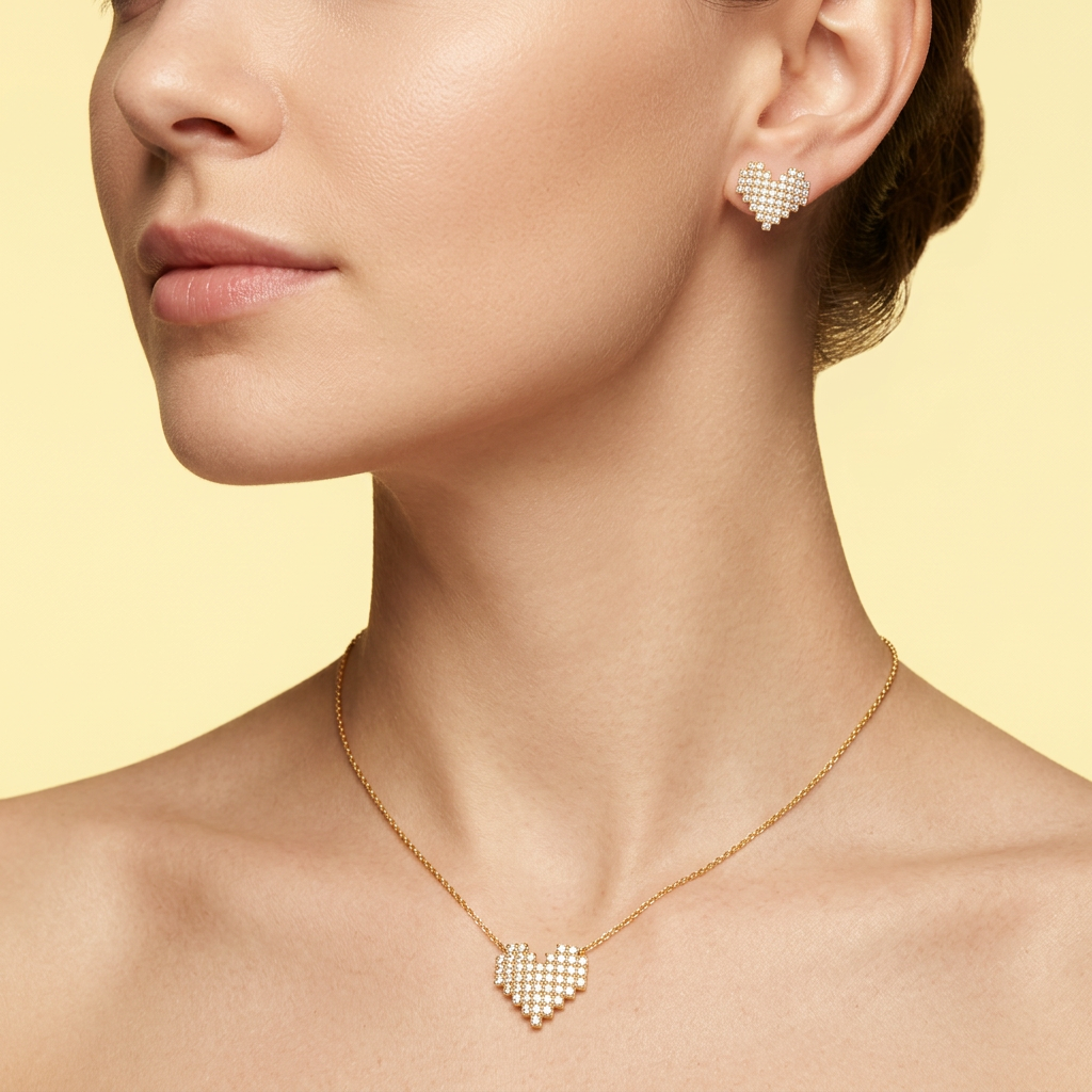 Set de Goldfilled Gargantilla y Aretes con Diseño de Corazón e Incrustación de Zirconias mod. 1364