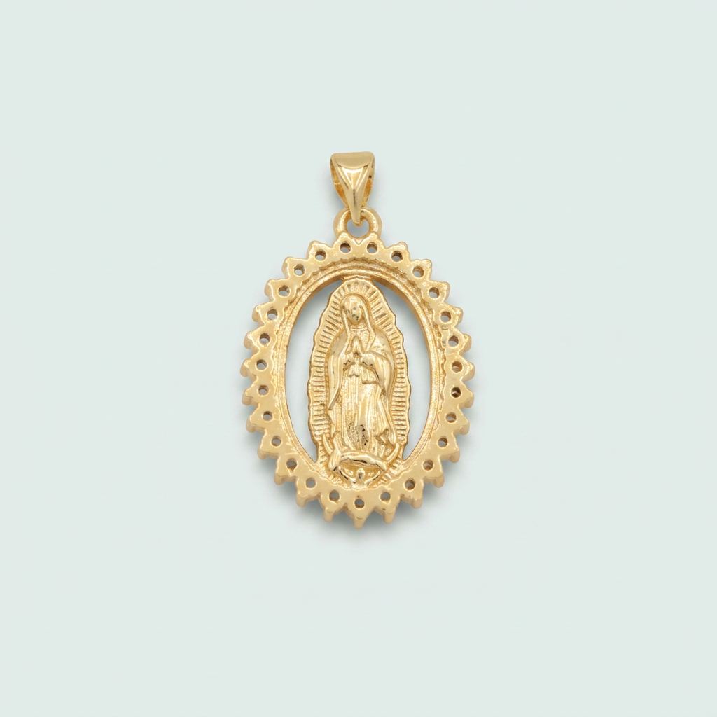 Medalla de Goldfilled  con Diseño de la Virgen de Guadalupe Oval Hueco con Zirconia mod. 1279