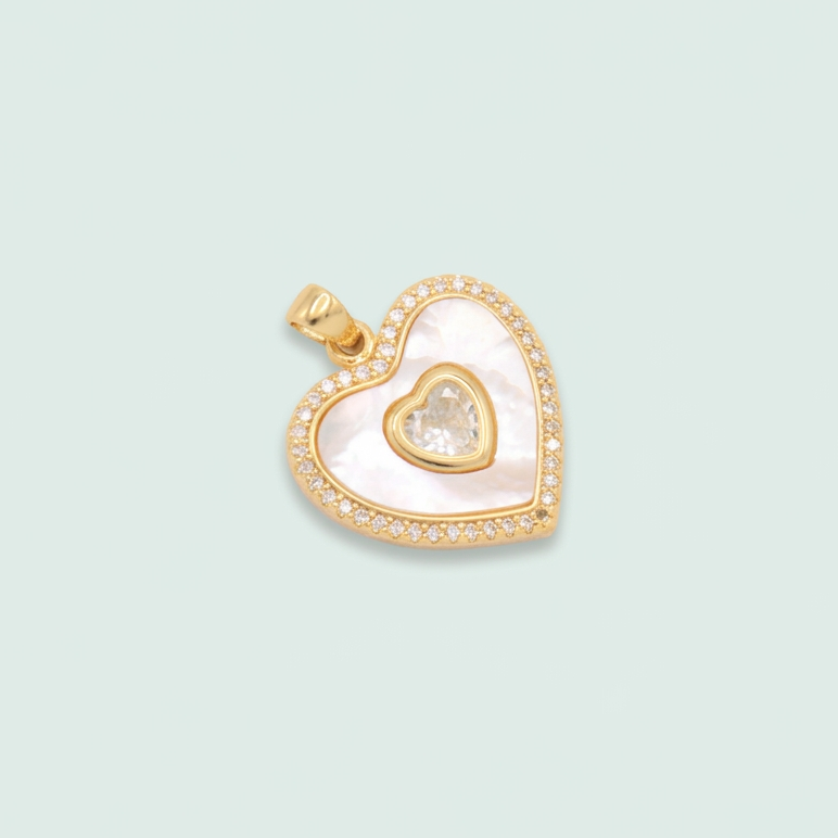 Dije de Goldfilled con Diseño de Corazón Madre Perla y Zirconia Central mod. 1332