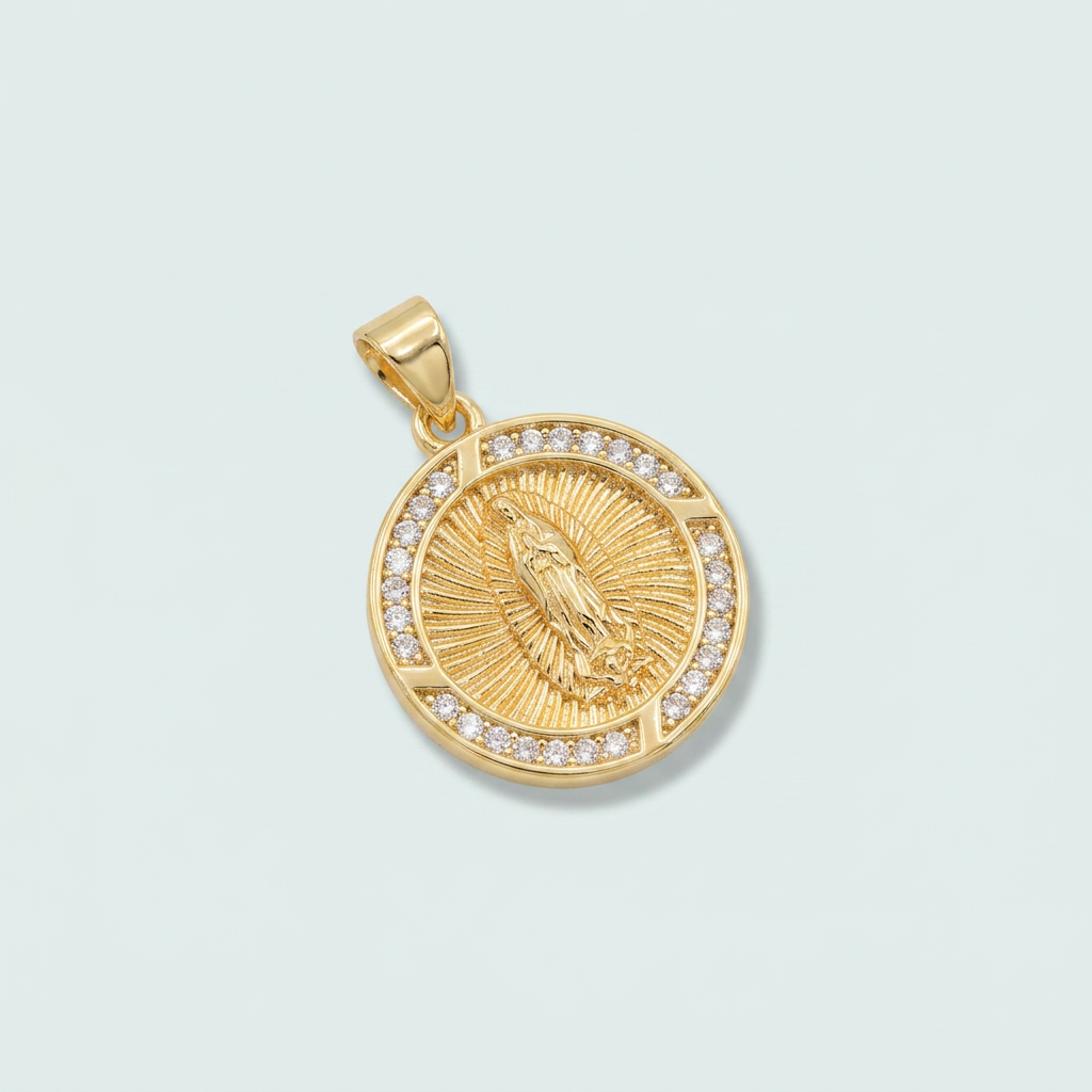 Medalla de Oro Laminado Circular de la Virgen de Guadalupe y Zirconia mod. 1436