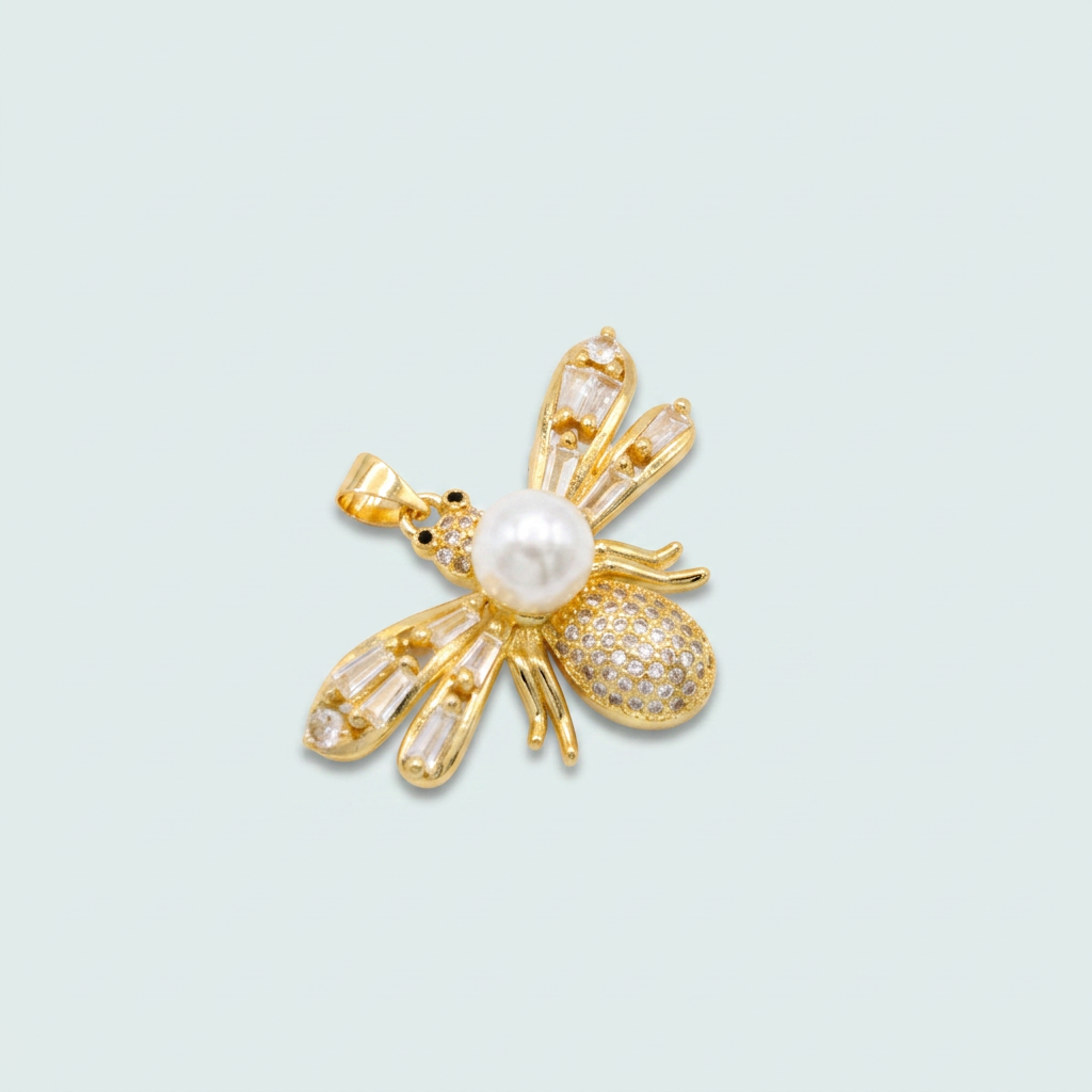 Dije de Oro Laminado de Bulto de Libélula con Perla y Zirconia mod. 1326