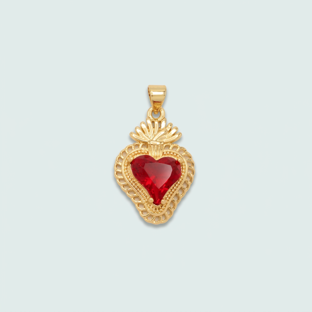 Medalla de Oro Laminado Diseño de Corazón,Corona y Zirconia Roja mod. 1437