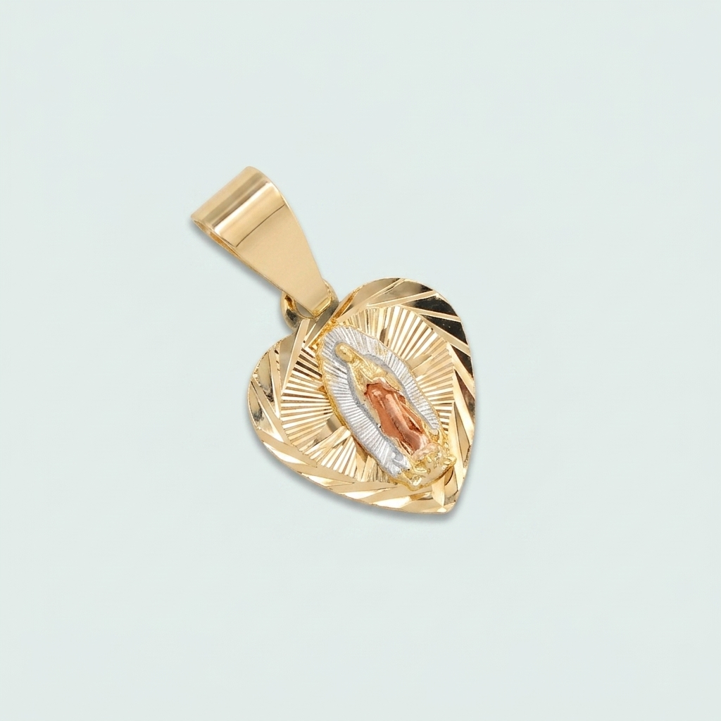 Medalla de Oro Laminado Corazón y Virgen de Guadalupe Anacalado Chico mod. 1432