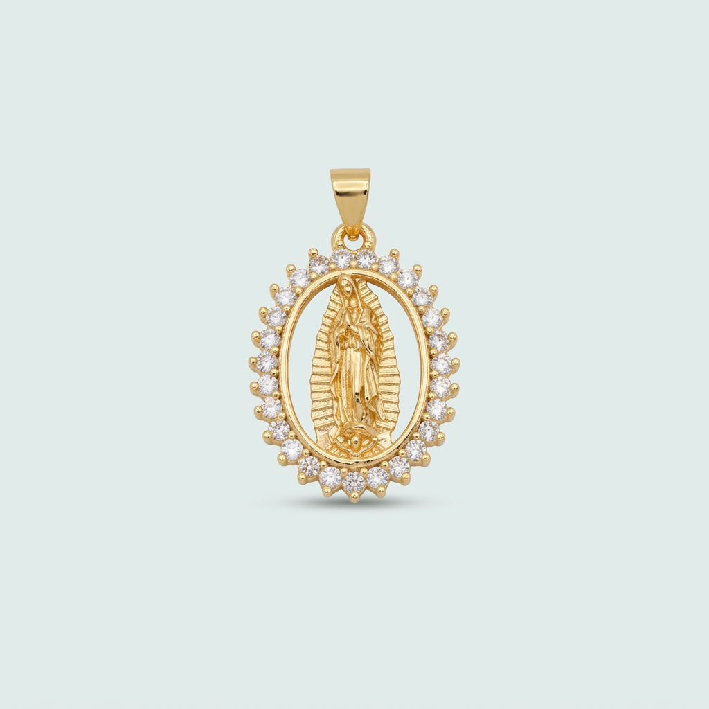 Medalla de Goldfilled  con Diseño de la Virgen de Guadalupe Oval Hueco con Zirconia mod. 1279