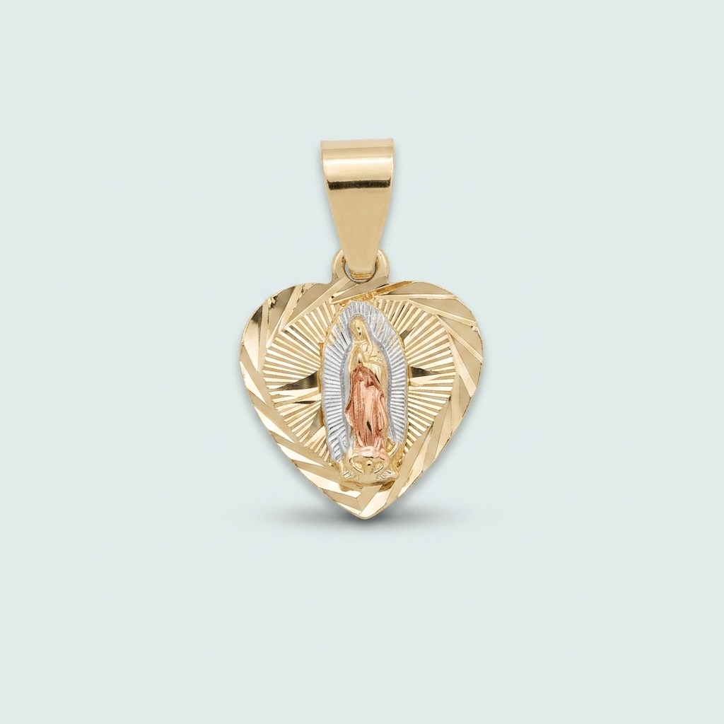 Medalla de Oro Laminado Corazón y Virgen de Guadalupe Anacalado Chico mod. 1432