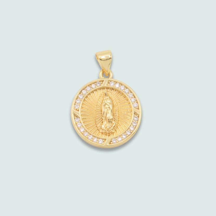 Medalla de Oro Laminado Circular de la Virgen de Guadalupe y Zirconia mod. 1436