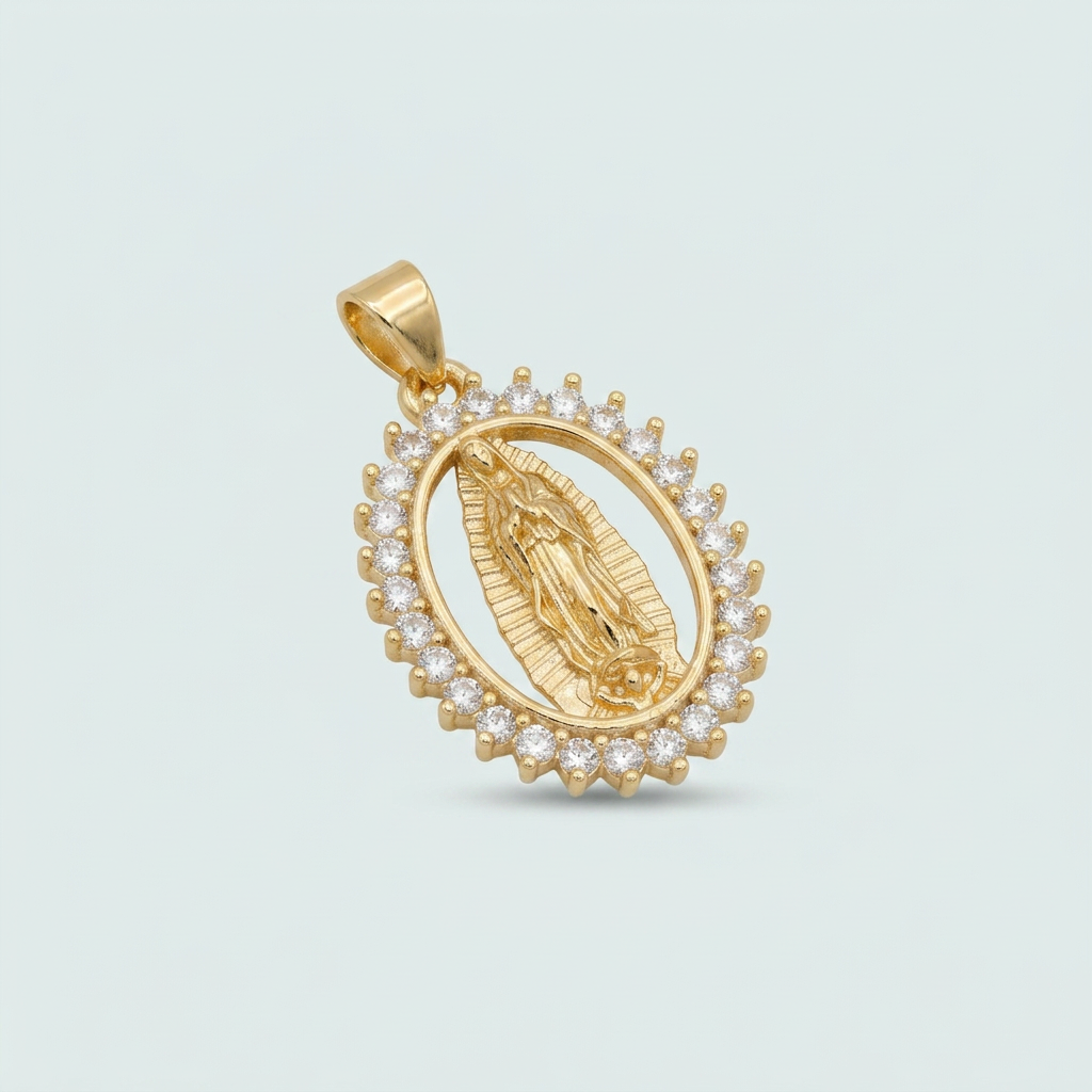 Medalla de Goldfilled  con Diseño de la Virgen de Guadalupe Oval Hueco con Zirconia mod. 1279
