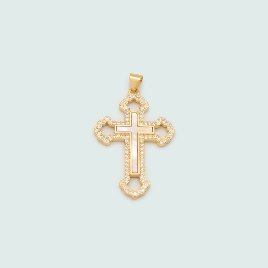 Dije de Goldfilled con Diseño de Cruz con Madre Perla y Zirconia mod.1274