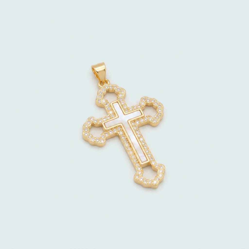 Dije de Goldfilled con Diseño de Cruz con Madre Perla y Zirconia mod.1274