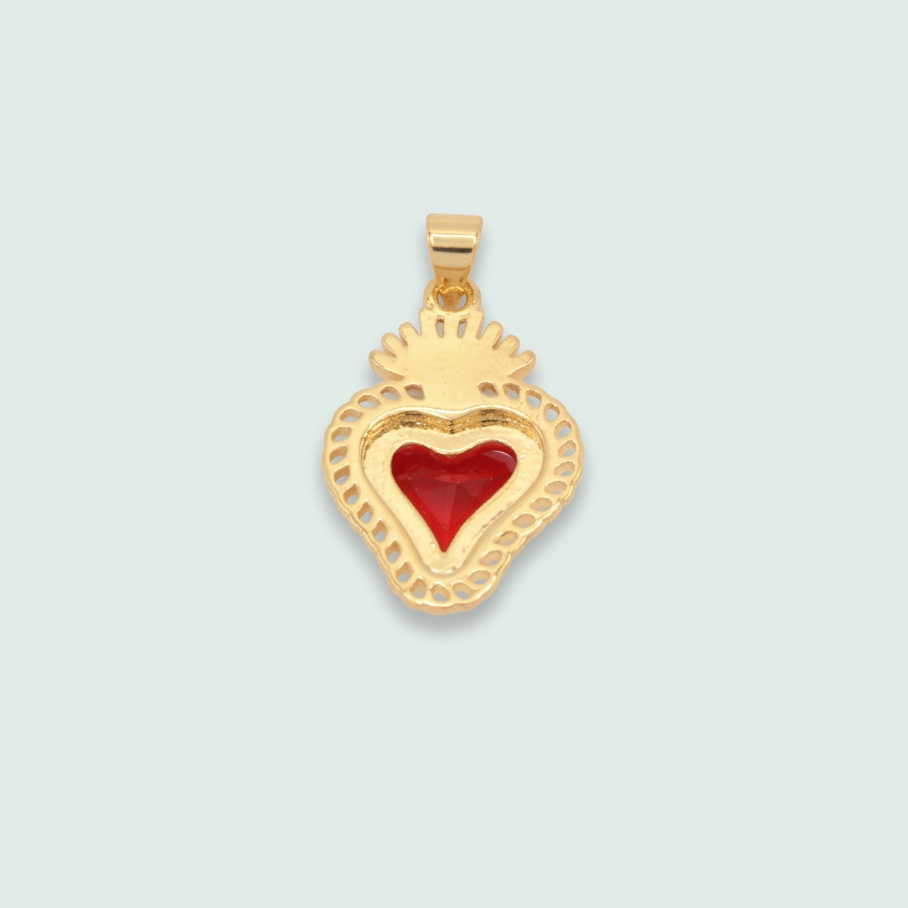 Medalla de Oro Laminado Diseño de Corazón,Corona y Zirconia Roja mod. 1437