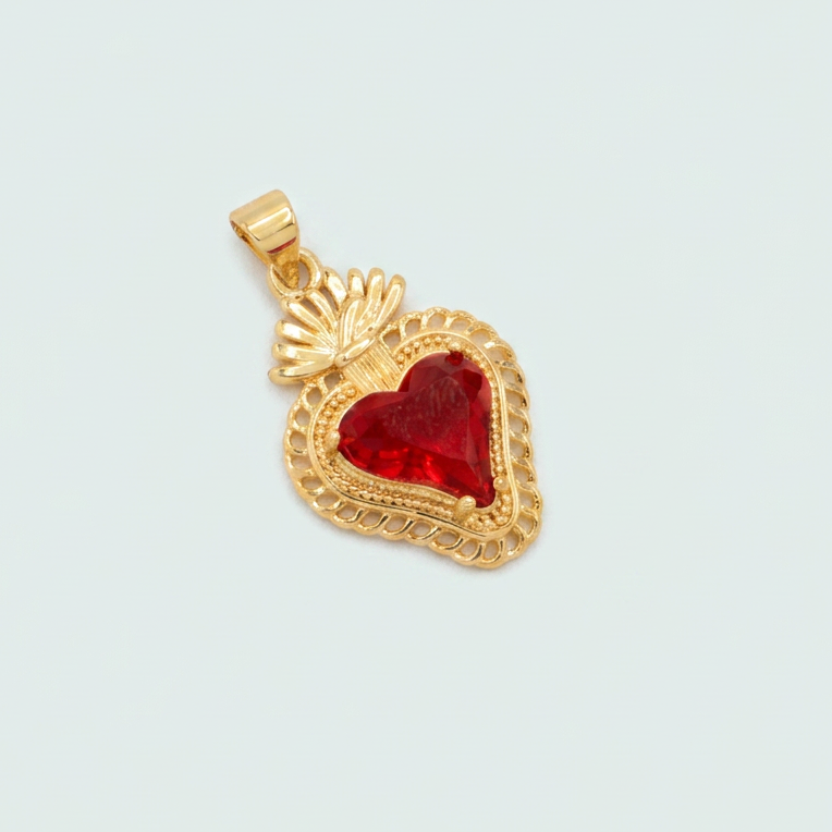 Medalla de Oro Laminado Diseño de Corazón,Corona y Zirconia Roja mod. 1437