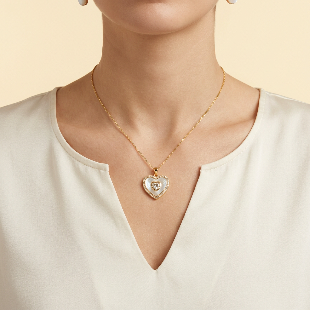 Dije de Goldfilled con Diseño de Corazón Madre Perla y Zirconia Central mod. 1332