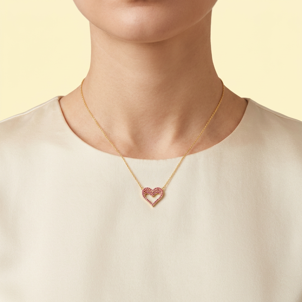 Gargantilla de Oro Laminado con Diseño de Corazón Hueco y Zirconia Fucsia mod. 1473
