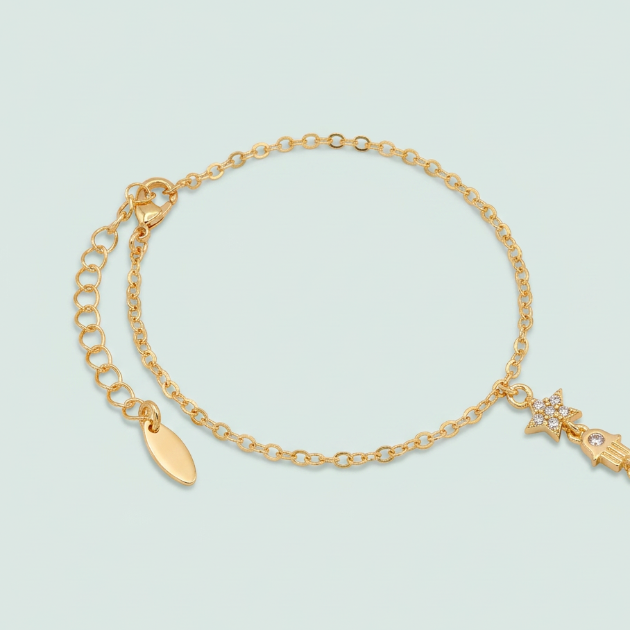 Pulsera Manopla de Oro Laminado con Mano de Fátima Incrustada de Zirconias mod. 1535