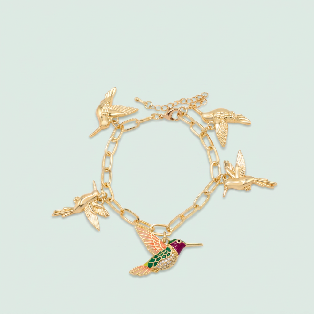 Pulsera de Oro Laminado Colibri Morado con Verde y Zirconia mod. 1476