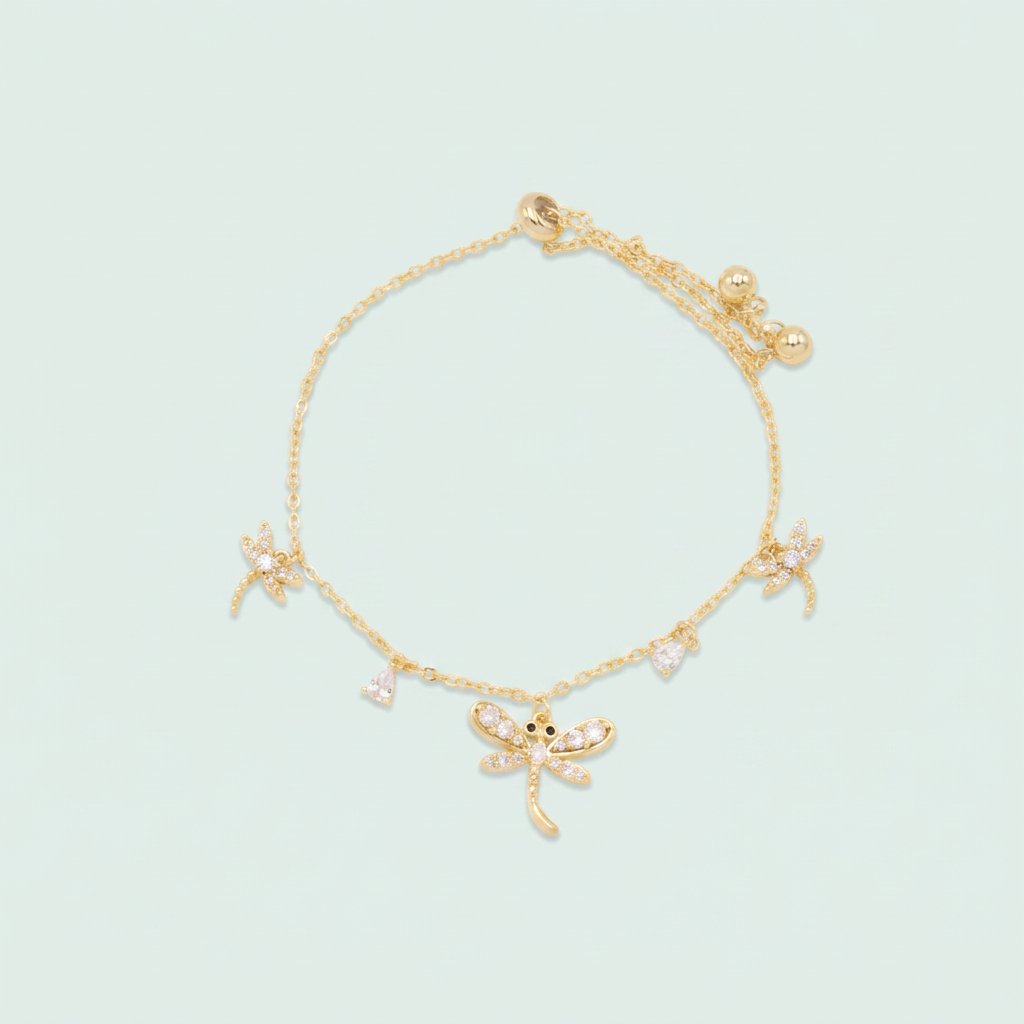 Pulsera de Oro Laminado Libélulas Colgantes chicos con Zirconias mod. 1478