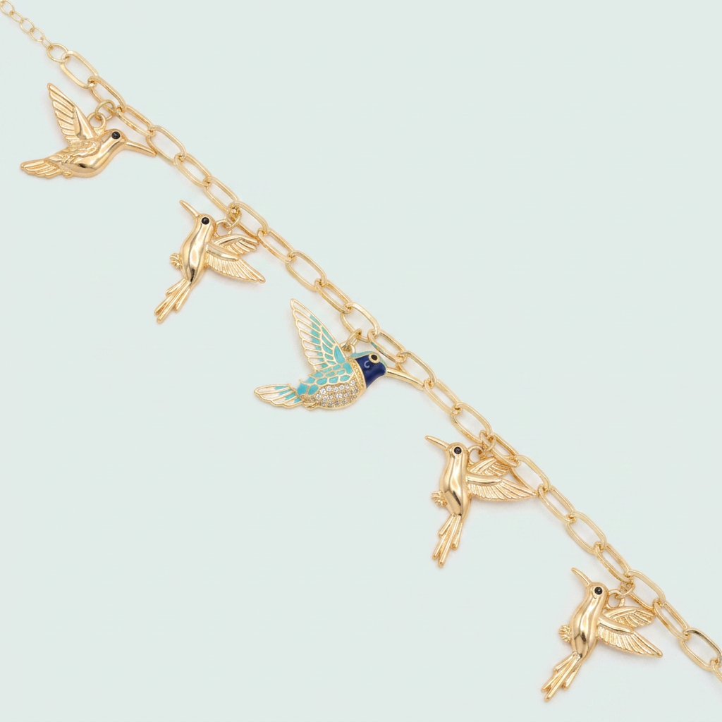Pulsera de Oro Laminado Colibri Azul Turqueza con Zirconia mod. 1477