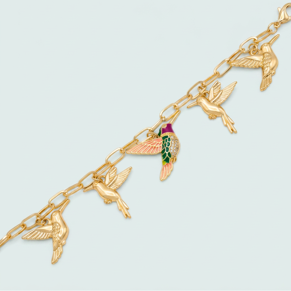Pulsera de Oro Laminado Colibri Morado con Verde y Zirconia mod. 1476