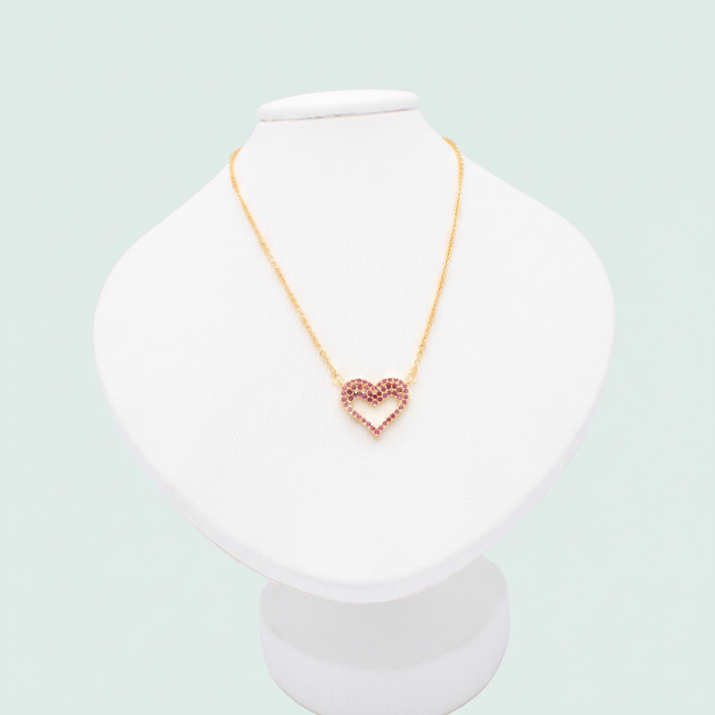 Gargantilla de Oro Laminado con Diseño de Corazón Hueco y Zirconia Fucsia mod. 1473