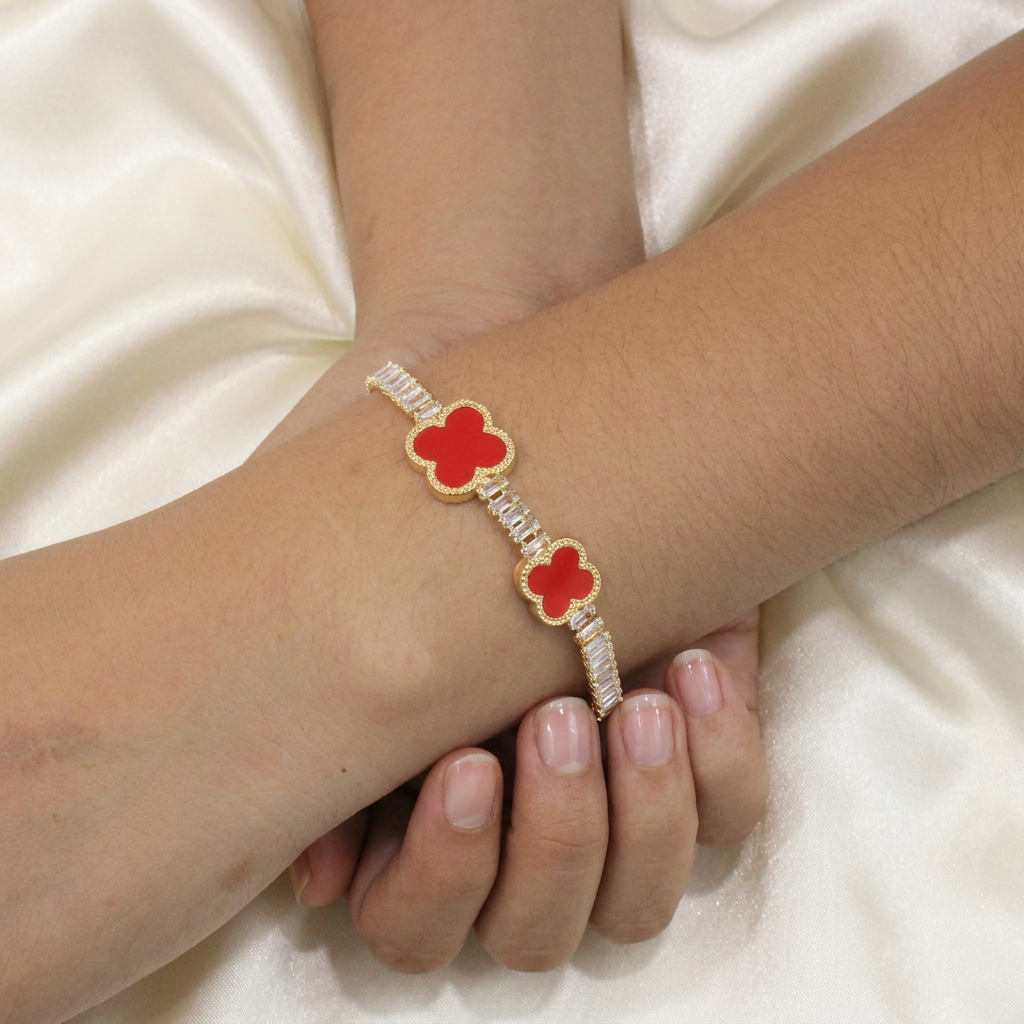Pulsera de Goldfilled Doble Trébol Color Rojo mod. 1174