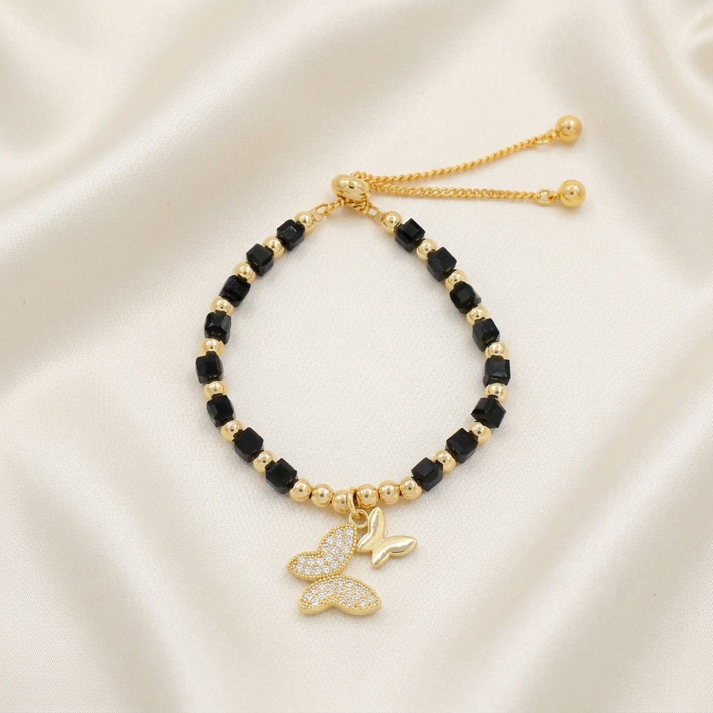 Pulsera de Goldfilled Color Ónix y Dije de Mariposa mod. 1186