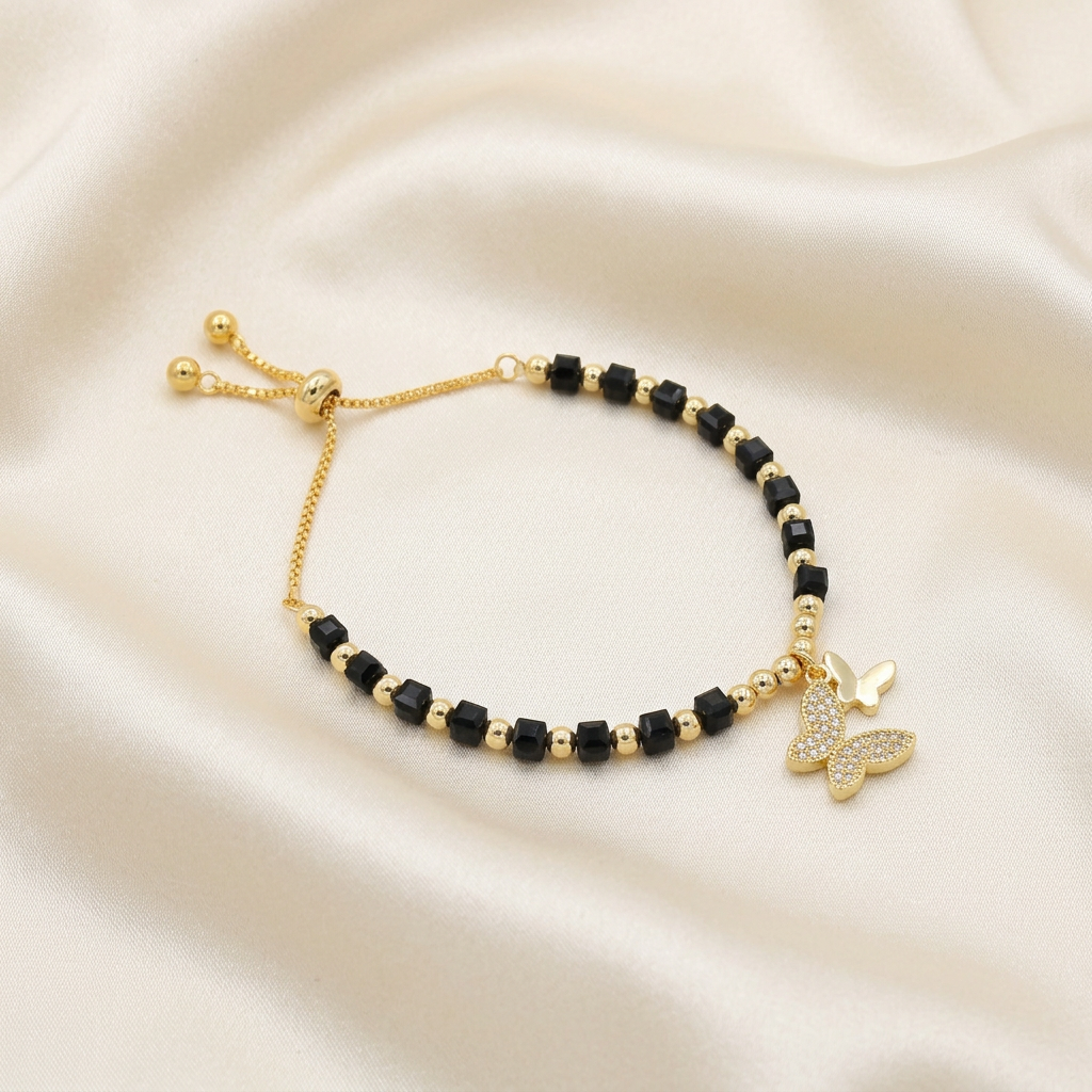 Pulsera de Goldfilled Color Ónix y Dije de Mariposa mod. 1186