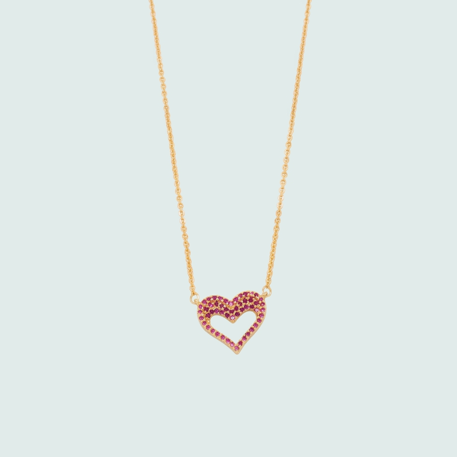 Gargantilla de Oro Laminado con Diseño de Corazón Hueco y Zirconia Fucsia mod. 1473