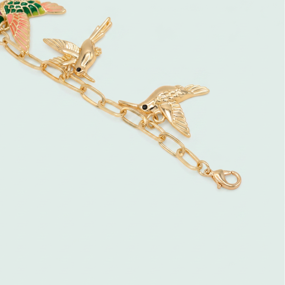 Pulsera de Oro Laminado Colibri Morado con Verde y Zirconia mod. 1476