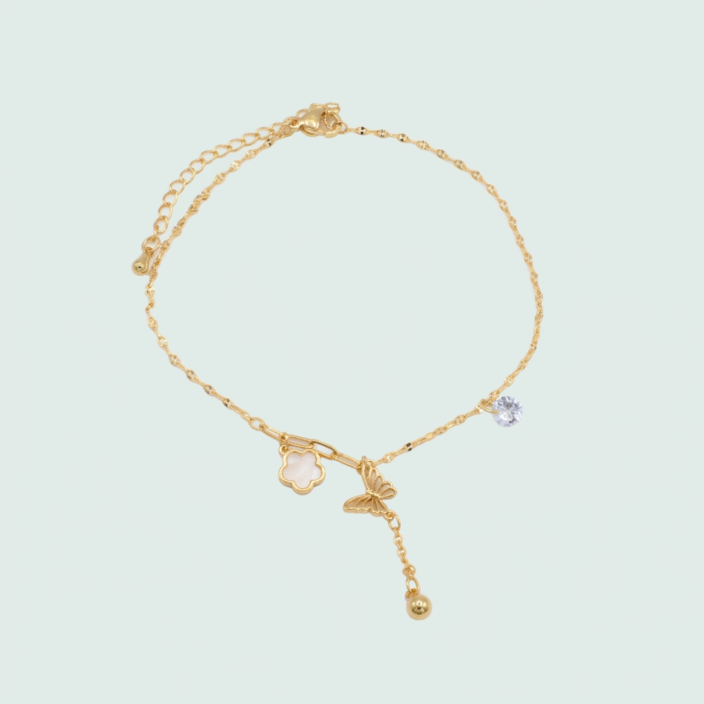 Tobillera de Goldfilleld con Diseño de Mariposa y Trebol Blanca 1320