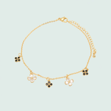 Tobillera de Goldfilled con Diseño de Trebol con Piedras de Zirconia Blanca y Negra mod.1317