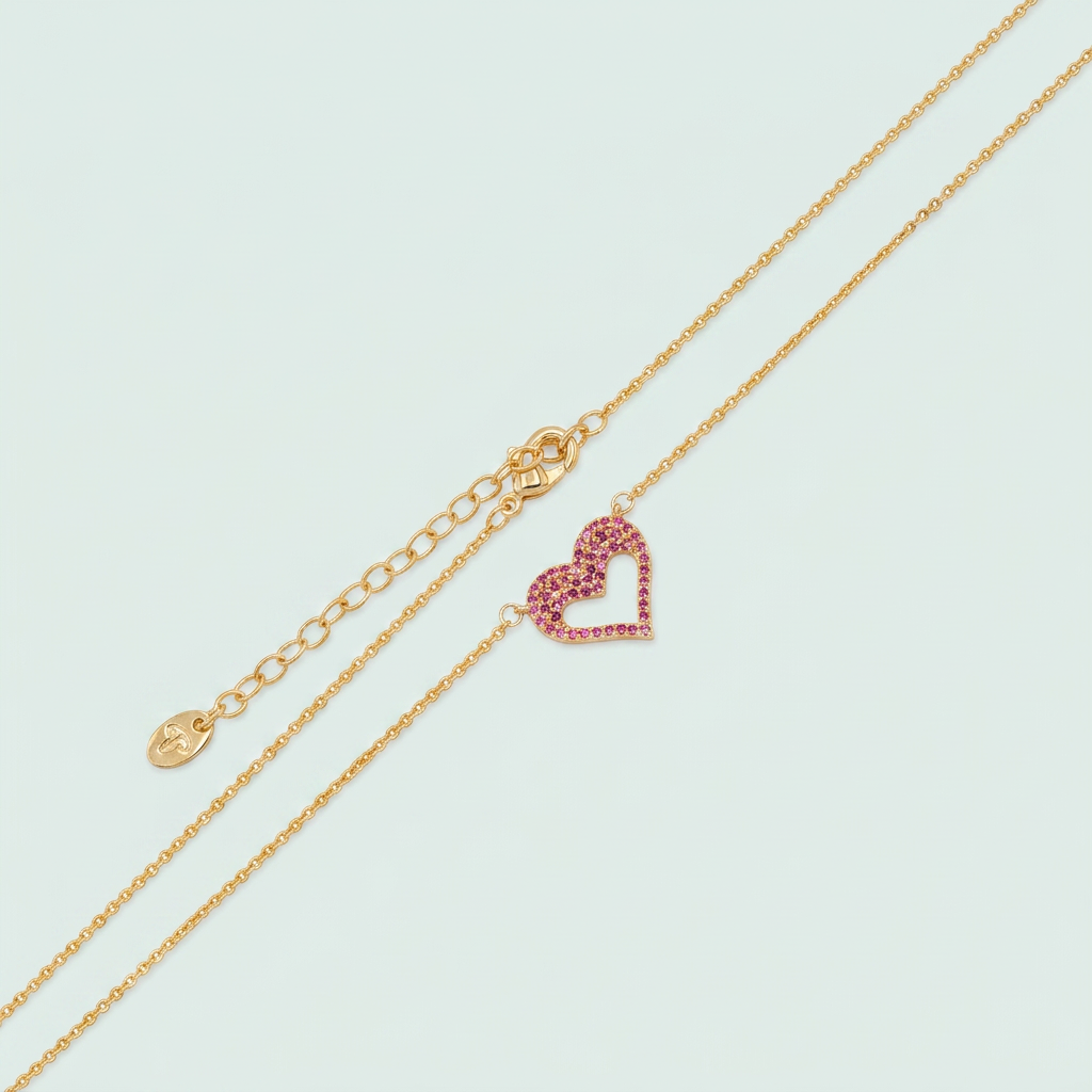 Gargantilla de Oro Laminado con Diseño de Corazón Hueco y Zirconia Fucsia mod. 1473