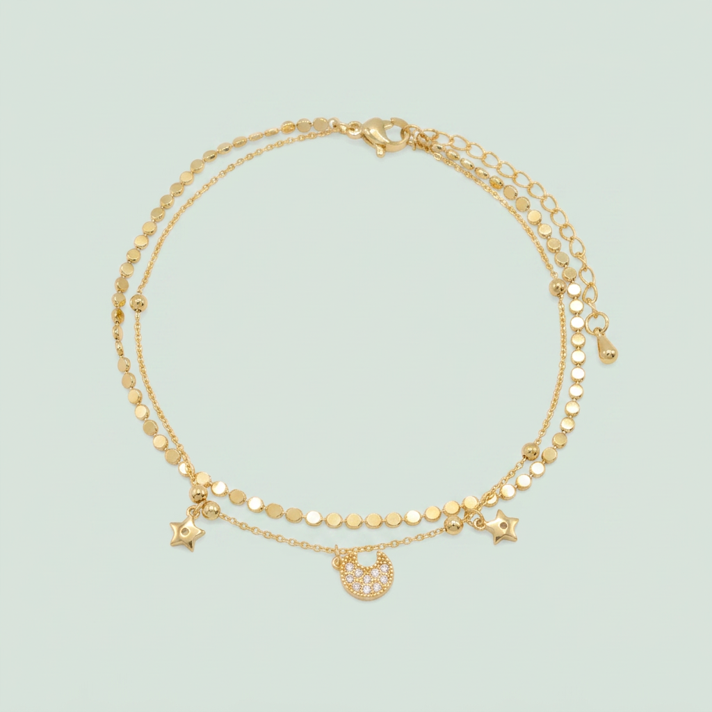 Tobillera de Goldfilled con Diseño de Luna con Zirconia y Estrella mod.1318
