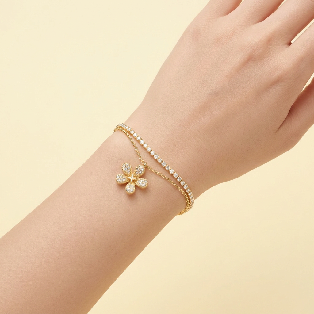 Pulsera de Goldfilled Doble con Flor de Zirconias mod. 1220