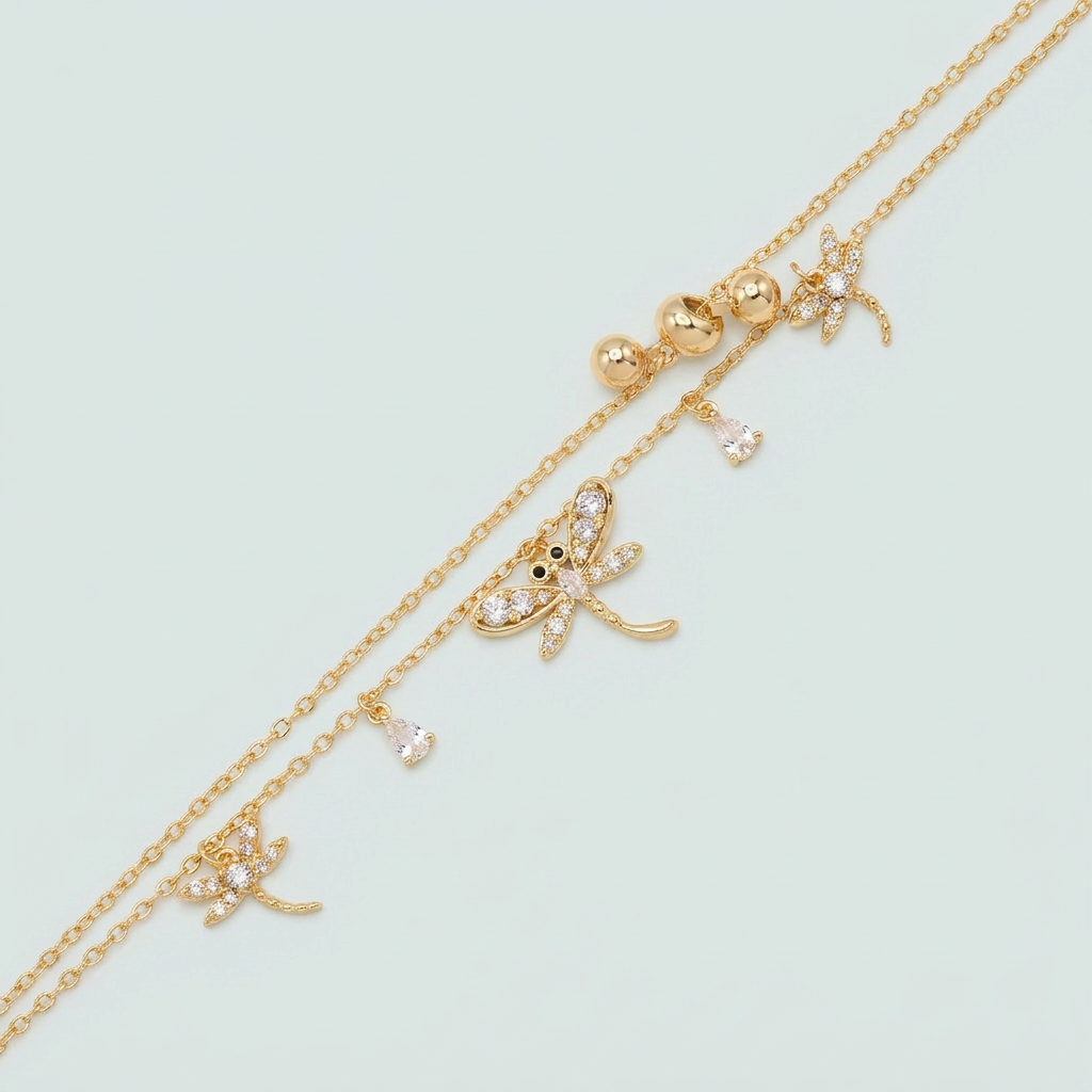 Pulsera de Oro Laminado Libélulas Colgantes chicos con Zirconias mod. 1478