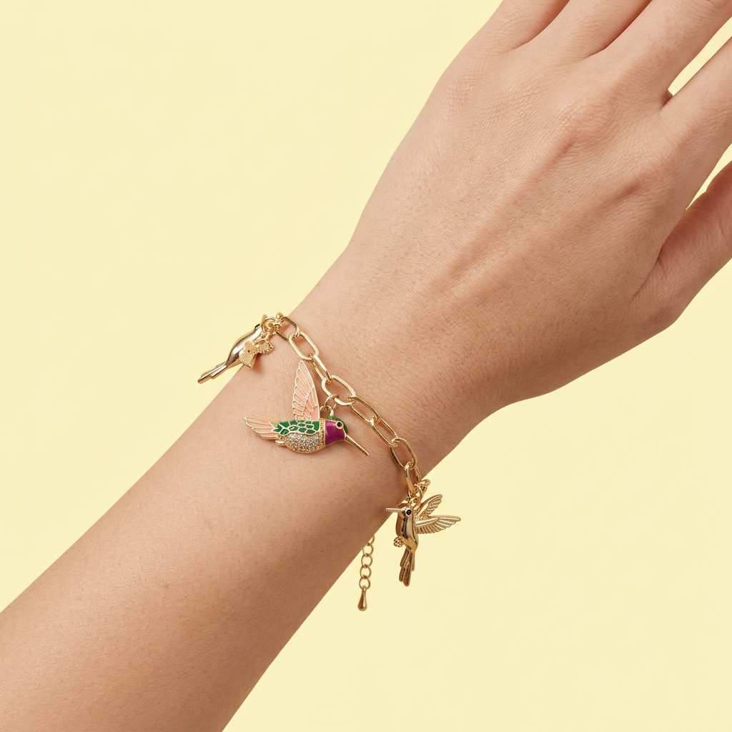 Pulsera de Oro Laminado Colibri Morado con Verde y Zirconia mod. 1476