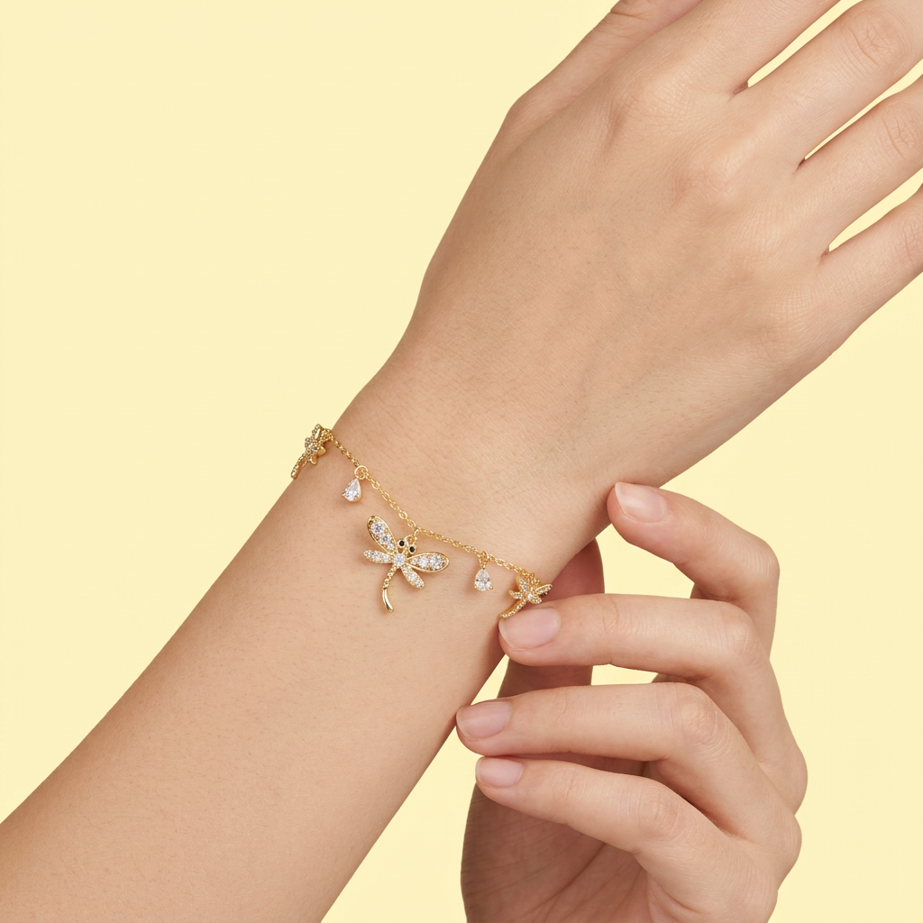 Pulsera de Oro Laminado Libélulas Colgantes chicos con Zirconias mod. 1478