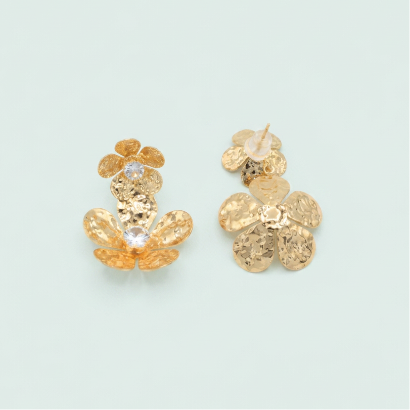 Arete de Oro Laminado Doble Flor Colgante Grande y Zirconia mod. 1412