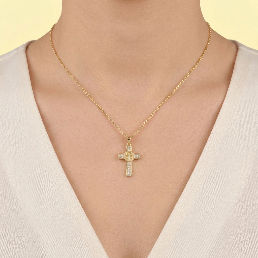 Dije de Goldfilled con Diseño de Cruz  con Sello de San Benito y Zirconia mod. 1276