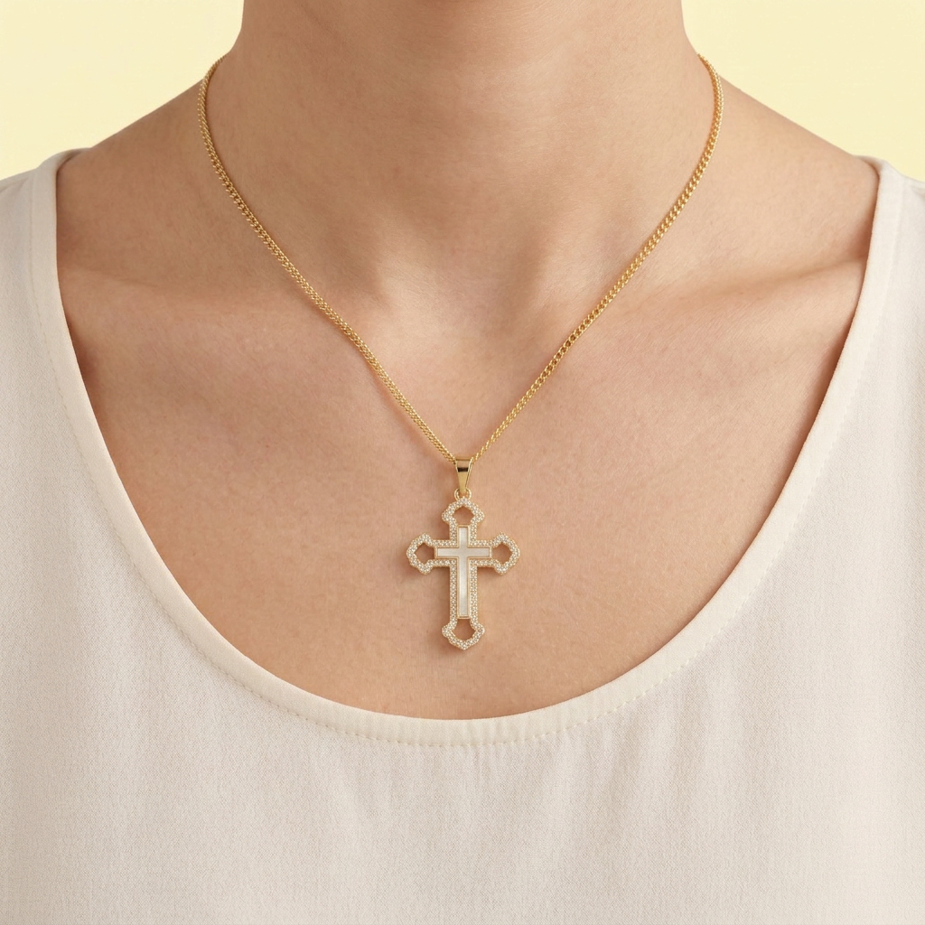 Dije de Goldfilled con Diseño de Cruz con Madre Perla y Zirconia mod.1274