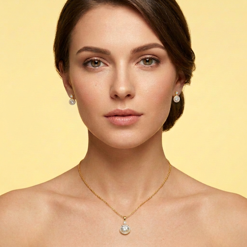 Set de Goldfilled Gargantilla y Aretes con Diseño de Circular y Cruz con Zirconias mod. 1365