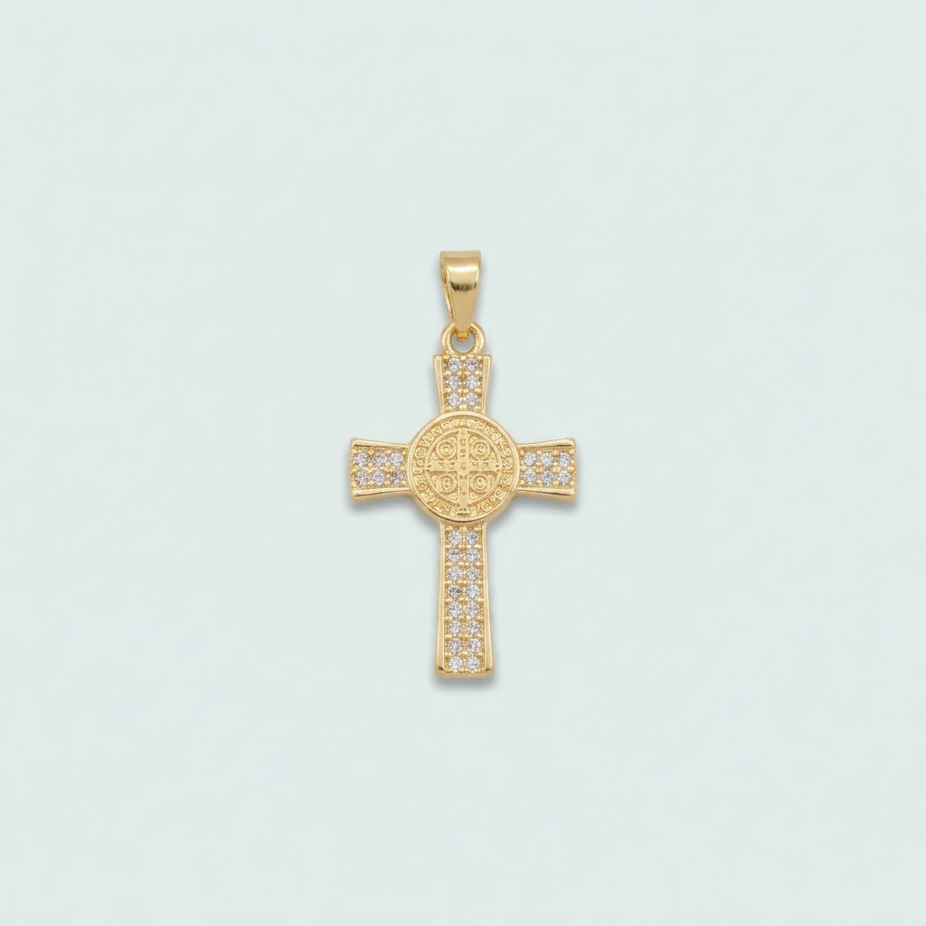 Dije de Goldfilled con Diseño de Cruz  con Sello de San Benito y Zirconia mod. 1276