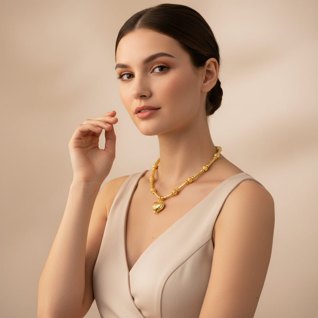 Paquete 2pz Collar de Goldfiled Cuentas Grabadas con Dije Corazón mod. 16011