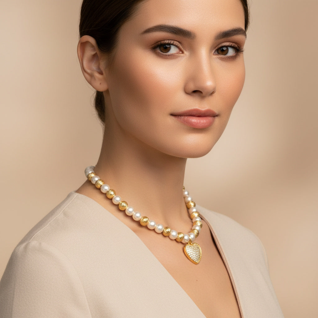 Paquete 2pz Collar de Goldfiled Esferas con Dije de Corazón mod. 16010