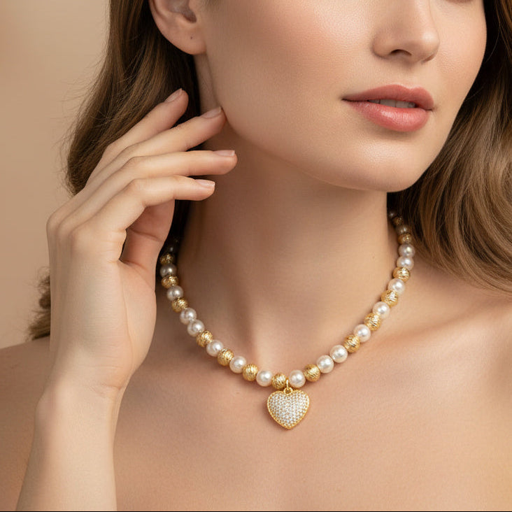 Paquete 2pz Collar de Goldfiled Esferas con Dije de Corazón mod. 16010