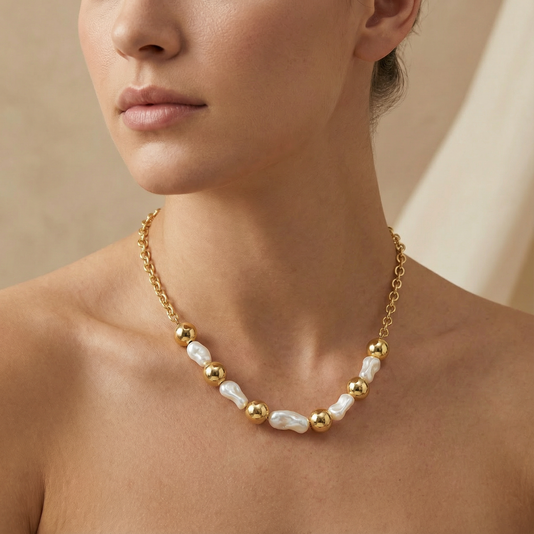 Paquete 2pz Collar de Goldfiled Esferas con Detalles Nacarados mod. 16008